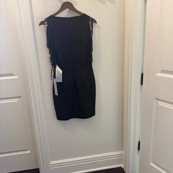 NWT Mac Duggal 26526 Draped Beaded Sleeve V-Neck Cocktail Dress - Picture 3 of 5